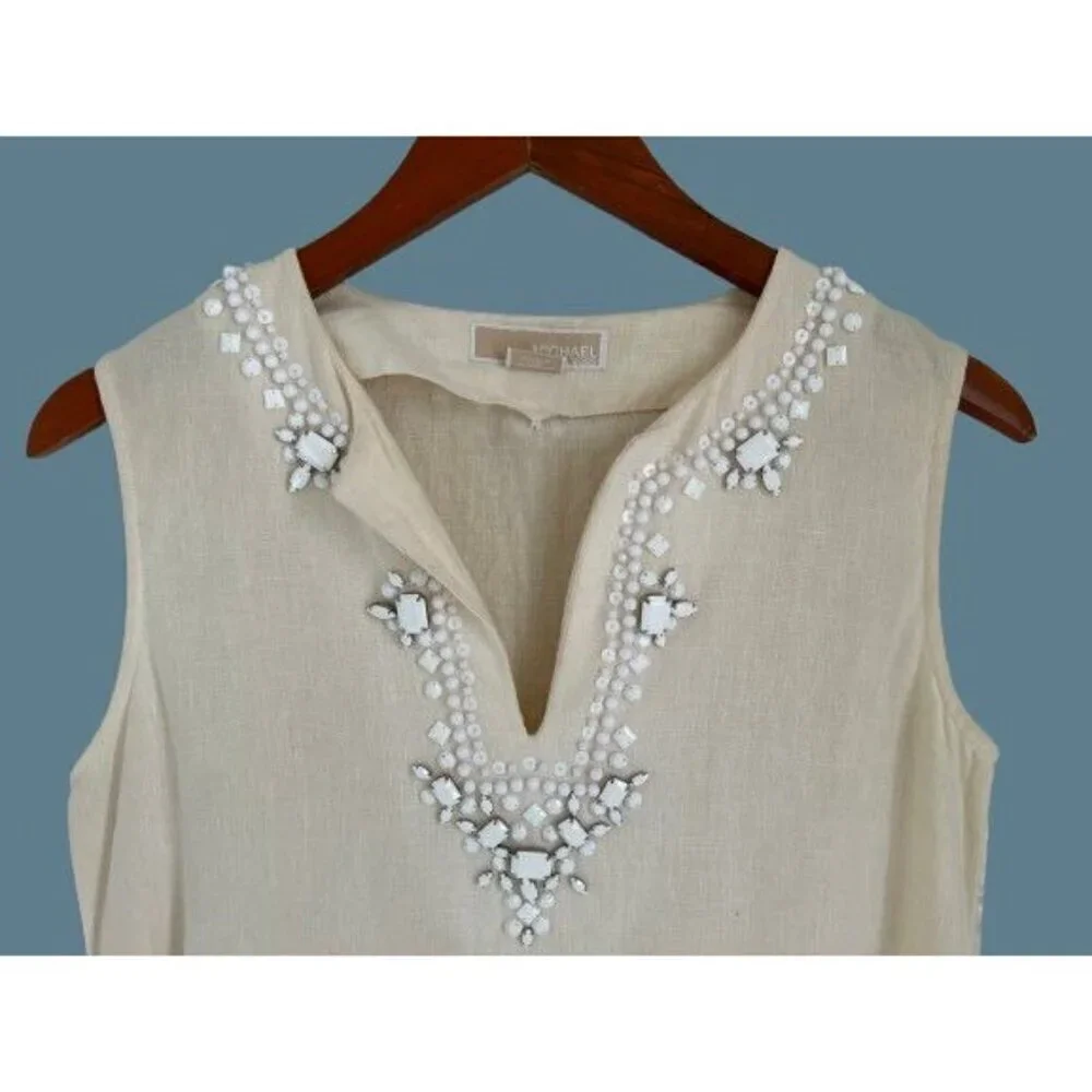 MICHAEL KORS 100% Linen Tunic Beaded Off-White Sleeveless Size 4